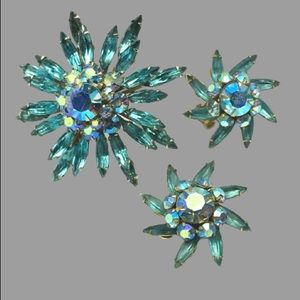 Judy lee Aqua Rhinestone Starburst Brooch & Earring Set. 60s Judy Lee jewelry